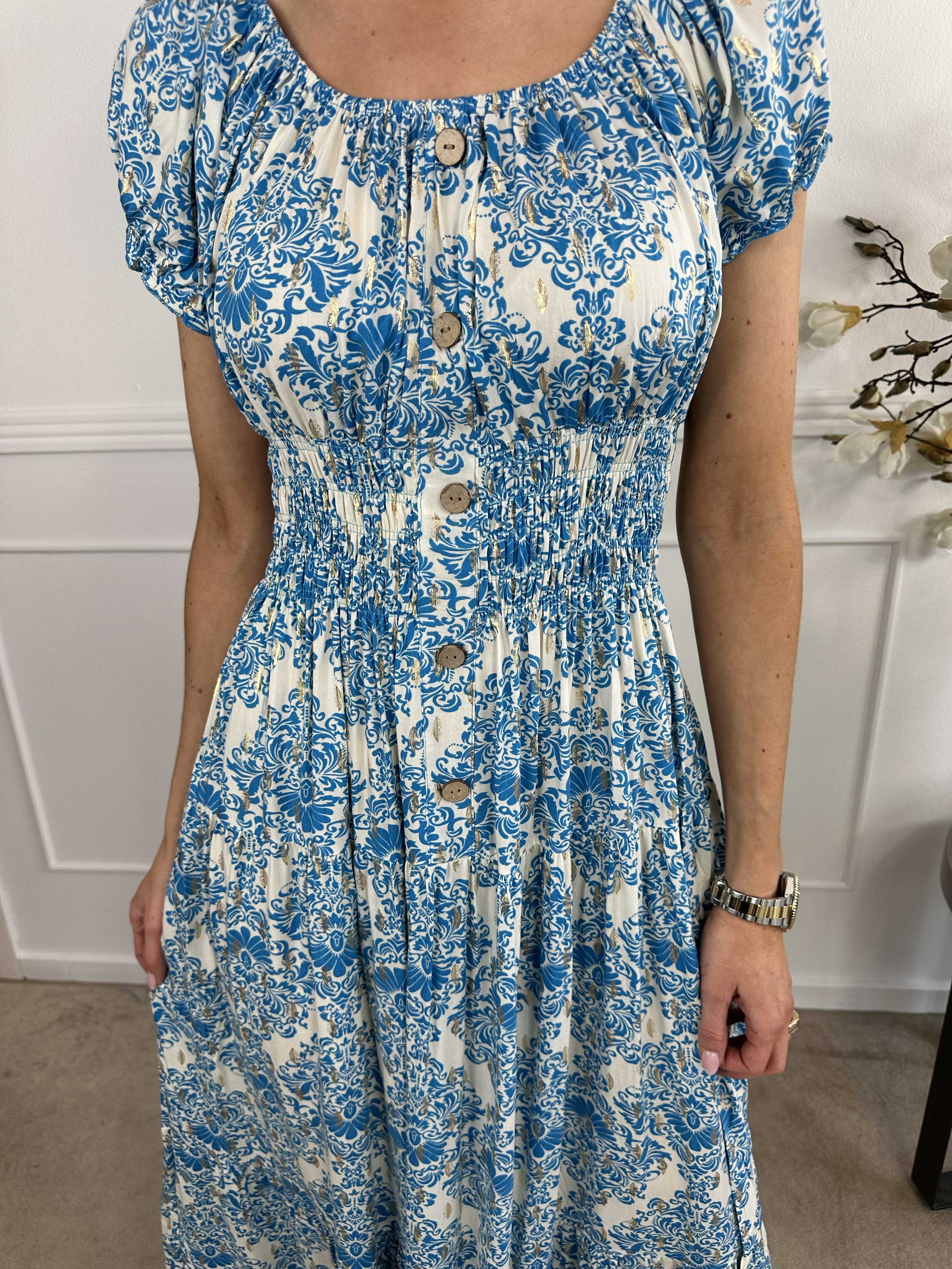 Elise - Lang mønstret kjole med elastik i udskæringen